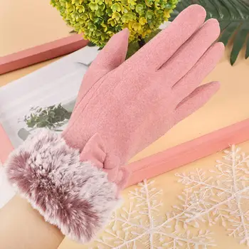 1 чифт дамски ръкавици изкуствена кожа лък декор пет пръста ръкавици сензорен екран дебел ветроупорен топло против хлъзгане дама колоездене ръкавици