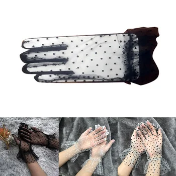 1 чифт черни бели дантелени ръкавици за жени летни къси тюл ръкавици сладък разтеглив дантела пълен пръст булчински ръкавици аксесоари
