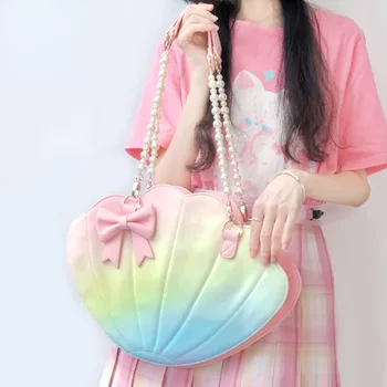 2023 Нова сладка чанта PU Lolita Шик проектирана черупка чанти за рамо тийнейджърки елегантна перла Bling Crossbody чанта с висок капацитет