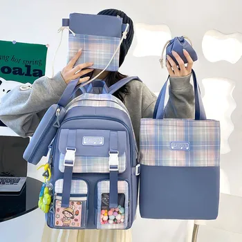 5 В 1 лято нови жени раница модерен карирана училищна чанта за момичета множество джобове пътуване раници голям капацитет чанти за съхранение