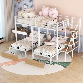 Full over Twin Twin Triple bund bed, детско легло с чекмедже за съхранение, семейно сервизно легло за трима човека, единично легло