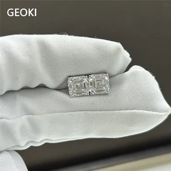 Geoki Luxury 10K Бяло злато 1 ct Общо 2 ct Издържан диамантен тест Ascher Cut Perfect D Цвят VVS1 Квадратни обеци Moissanite Stud