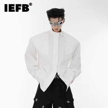 IEFB Мъжки ризи с дълъг ръкав Ниша Деконструкция Дизайн Мода Стойка Яка Рамо Pad Tops High Street Loose жилетка 9C1314