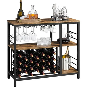 Industrial Home Bar Стойка за вино със стъклен държач за всекидневна кухня, рустикално кафява