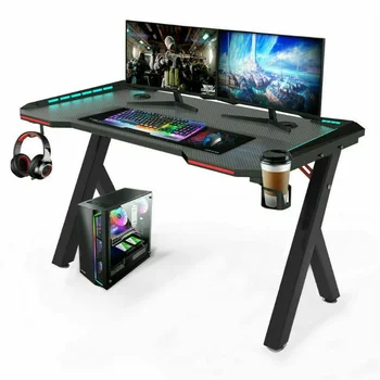 L Gaming Desk PC Computer Gamer Desk Ергономична работна станция с RGB LED светлини Държач за чаши за слушалки за домашни офиси