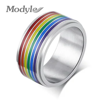 Modyle 8mm Spinner стрес освобождаване пръстен за мъже неръждаема стомана дъга линии пръст лента случайни гордост ЛГБТ бижута