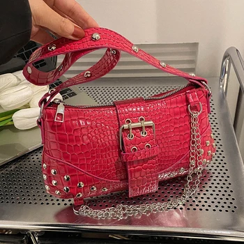 Дамска мода Hobo чанта готически дами чанта хладен стил модерен рок момичета чанта Y2K нит верига за пътуване ваканция ежедневно