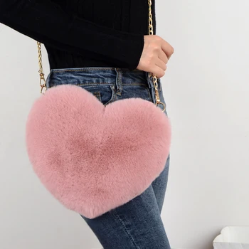 Дамски чанти с форма на сърце, сладки чанти с изкуствена кожа Crossbody, модни дамски меки плюшени верижни чанти за рамо
