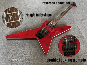 Електрическа китара прозрачен червен цвят пламък отгоре палисандрово дърво пръст триъгълник инкрустация форма единична бяла подвързване черни части Reve