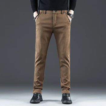 Есен Нови висококачествени пенирани памучни ежедневни панталони Мъже дебели плътен цвят бизнес мода направо годни марка панталони мъжки