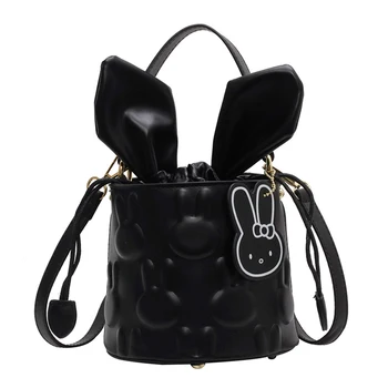 Жените зайче кофа чанта мода рамо чанта голям капацитет PU стилен crossbody чанта регулируема каишка с висулка Chic Hobo чанта