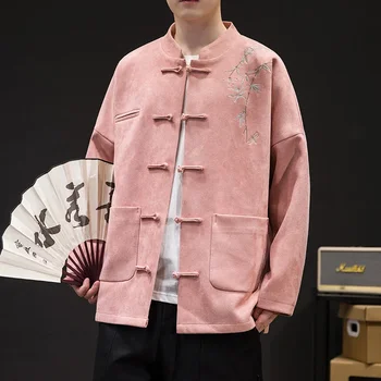 Китайски мъжки елен кожа кадифе яке древен стил бродерия яке Zhongshan постоянна яка младежта Tang костюм