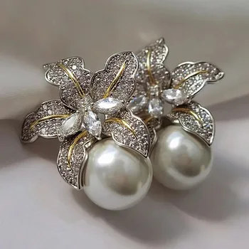 Корейски сив цвят перла елегантен голям цвете родословни обеци за жени обица мода бижута нови