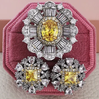 Луксозен жълт циркон сребърен цвят булка африкански Дубай бижута комплект обеци пръстени за жени женски коледен парти подарък J6713