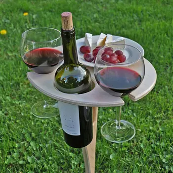 Мини външна маса за вино Дървена кръгла сгъваема настолна маса за вино Външна градина Пътуване Пикник Плаж Градински мебели Консумативи