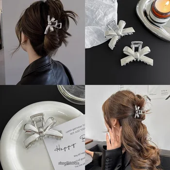 Мода Y2k корейски кристал сребрист цвят Bowknot щипка за коса нокът шапки за жени обратно на главата естетически пънк клип бижута