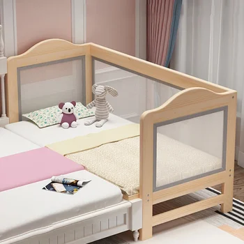 Модерно детско легло от масивна дървесина за спалня, снаждано с широка ограда Детско легло Светло луксозно креативно дизайнерско легло за деца