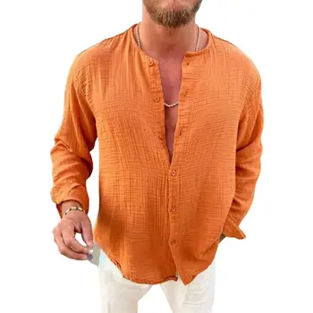 Мъжки есенна риза плътен цвят дълъг ръкав около врата мека едноредна жилетка реколта случайни хлабав пролетта риза мъжки дрехи