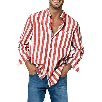 Мъжки раирани ризи Модни ежедневни блузи Джоб с ревер-деколте Риза с дълъг ръкав Памучни дишащи меки върхове Camisas De Hombre