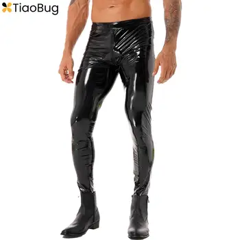 Мъжки цип чатала мокър поглед лачена кожа кльощава панталони мотоциклетизъм панталони гамаши пол танц изпълнение костюм клубно облекло