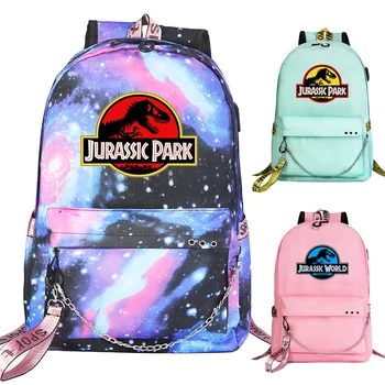 Нов Джурасик парк принтове момчета момичета деца училище чанта жени USB верига раница платно мъже bagpack packsack bookbag