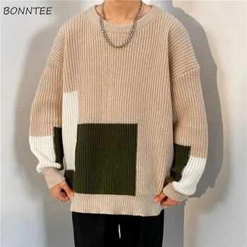 Облицовани пачуърк пуловери за мъжко облекло есен зима реколта O-образно деколте топло мода трикотаж Y2k пуловер мъжки дрехи шик
