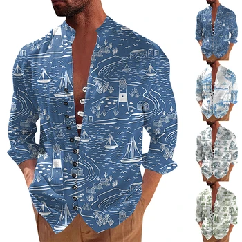 Ретро ризи Мъжка мода Пълна 3D отпечатана риза с дълъг ръкав Постоянна яка Мода Ежедневни ежедневни върхове Високо качество Homme Camisas