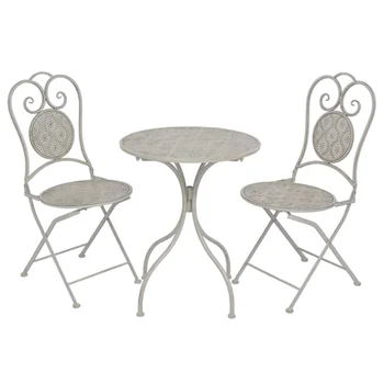 Сива / бяла стомана 3-парче градинска маса и стол комплект, 60 см диаметър кръгла маса + 2 стола, малък ресторант мебели комплект