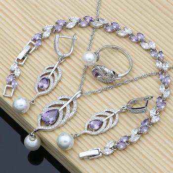 Сребърен цвят перли бижута комплекти лилаво CZ за жени сватбени обеци регулируем пръстен празник подарък огърлица комплект